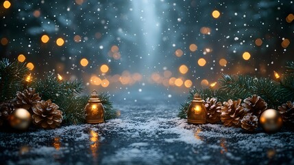 Christmas Holiday Background with Decorated Tree in Snow, Winter Festive Theme Design