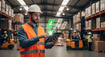 Warehouse worker using a tablet for inventory and management control