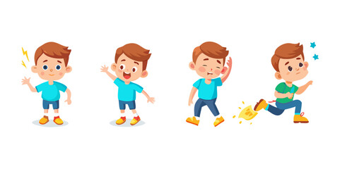 A set of four images boy in different poses background depth creative scene expression illustration design motion frame elements cartoonish gesture emotion colorful composition ... See More