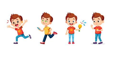 A set of four images boy in different poses background depth creative scene expression illustration design motion frame elements cartoonish gesture emotion colorful composition ... See More