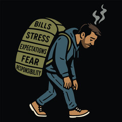 Man Carrying Heavy Mental Burdens in Urban Street Art Mental Health Vector Style