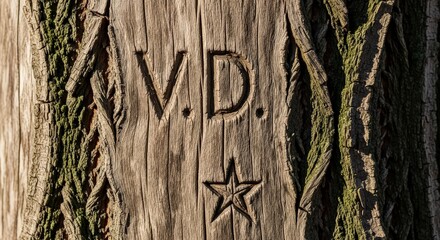 Rustic weathered tree bark features carved initials and a star, evoking history and nature's artistry