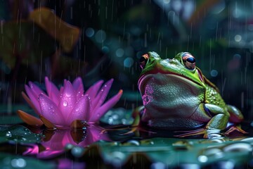 Green frog sits peacefully beside a pink lotus flower in a pond on a rainy night
