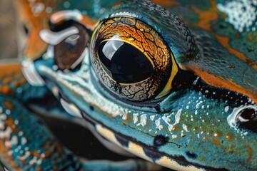 Extreme close up of an amazon milk frog showcasing its vibrant skin and captivating gaze