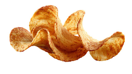 A golden, curled potato chip floating mid air, showing crisp texture and color against.