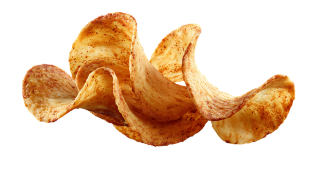 A golden, curled potato chip floating mid air, showing crisp texture and color against.