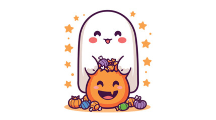 Fototapeta premium Happy Smiling Ghost with Trick or Treat Pumpkin Full of Candies Vector