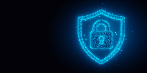 Blue glowing wireframe protection shield outline with padlock symbol on black background with copy space, business security, protection or digital safety template concept