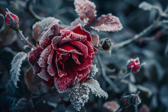 Red rose and buds covered with hoarfrost growing in winter garden