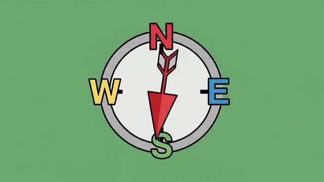 Animated Compass Pointing North on Green Background Design Element