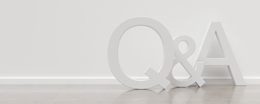Q&A, questions and answers, white text letters offset standing in white room with wooden floor, business questions and answers concept