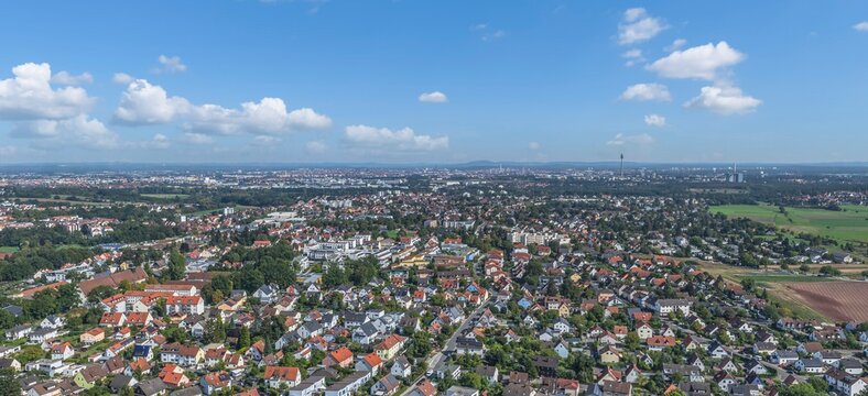Die Metropolregion N&uuml;rnberg aus der Vogelperspektive, Blick auf Oberasbach im Biberttal