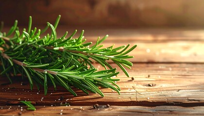 Obraz premium Sprigs of fresh rosemary and scattered peppercorns lie on a weathered wooden surface, bathed in soft, natural light
