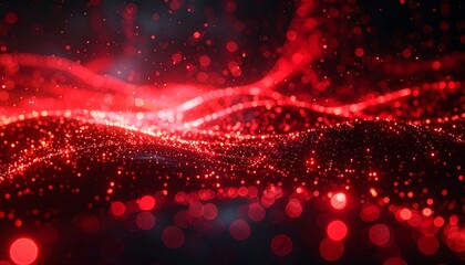 Sparkling red waves flow in a dark space, shimmering and dynamic, with soft bokeh adding depth and luminosity