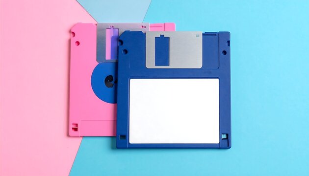 Stacked pink & blue floppy disks with white center, against a split, pastel background