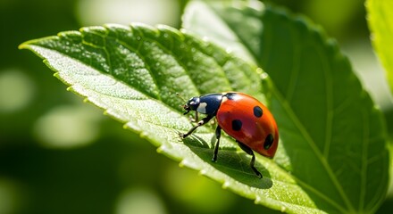 Obraz premium A detailed macro photograph of a vibrant red ladybug with black spots perched on a lush green leaf illuminated by sunlight