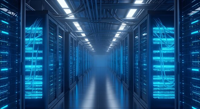 Modern Data Center Server Room with Glowing Blue Lights and Futuristic Technology Hallway