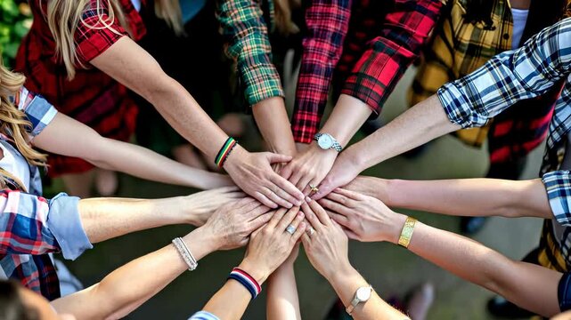 Diverse happy people wearing tartan shirts and kilts join hands together in a circle celebrating Scottish heritage and community spirit at a festive cultural gathering.