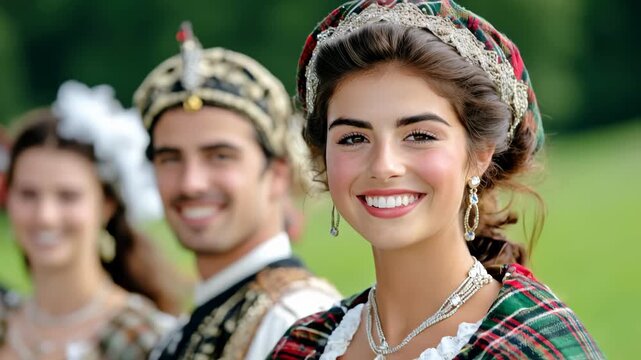 Happy people in traditional Scottish kilts and tartan attire at a festive community gathering celebrating heritage and cultural expression with vibrant fashion and customs.