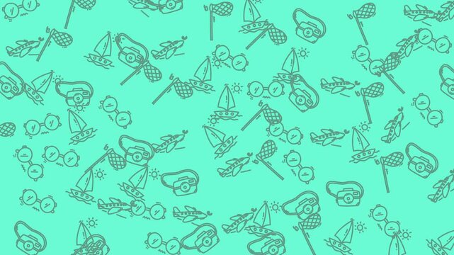 Scattered pattern of sailboats, airplanes, and faces on teal, ideal for travel or transportationthemed design projects looking for a unique touch.