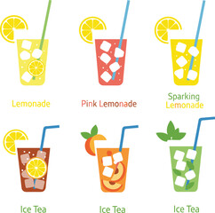 Flat Design Cold Summer Drinks Icon Set Vector, Collection of Lemonade and Iced Tea Illustrations