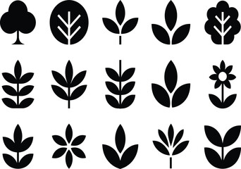 Collection of stylized plant and leaf icons representing nature and growth silhouette