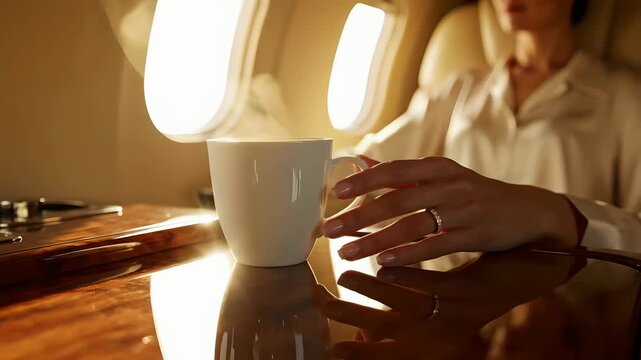 Steaming Hot Coffee in Private Jet Cabin, Luxury Travel