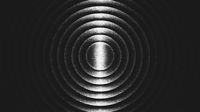 Minimalist stippling design with concentric circular geometry made from countless tiny dots creating illusion of light and shadow. Concentric rings composition in high contrast black and white. Vector