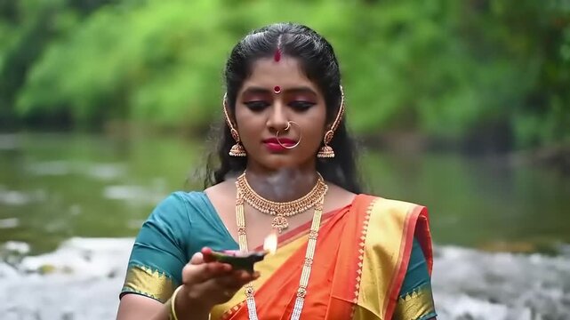 Indian woman holding a lit lamp.