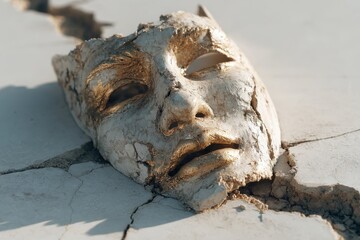 Broken Theatrical Mask with Gold Flakes on Cracked Stone, Evoking Themes of Deception, Fragility, Ancient History, and the Unveiling of Truth or Emotion