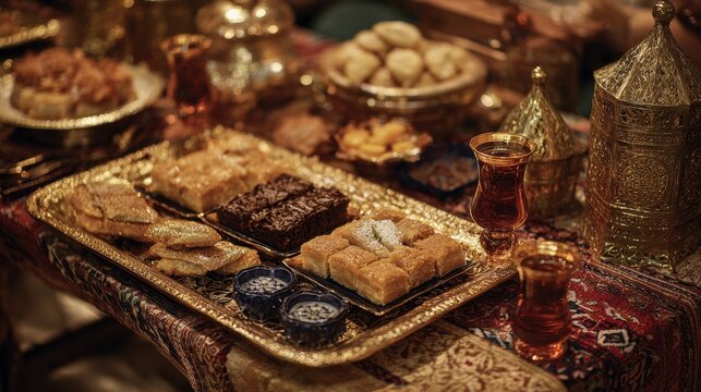 Ornate Maghrebi dessert spread featuring baklava, ghriba, sellou, and chebakia arranged on brass trays with patterned fabrics and tea glasses, Ramadan celebration concept