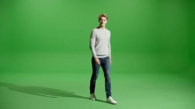 A man walking casually in front of a green background