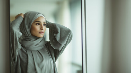Muslim woman adjusting hijab in mirror during Ramadan morning.