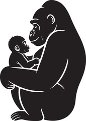 Tender silhouette of a mother gorilla holding her baby