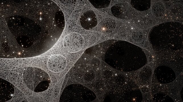 Abstract cosmic network with interconnected nodes and starry background in dark space