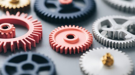 Several precision gears of different sizes and colors interlock with each other and rotate smoothly.  Each gear can have a small icon