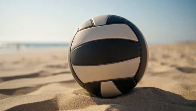 Black and white volleyball resting on sandy beach under clear sky