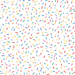 Seamless pattern of colorful candy sprinkles. Fun festive background for cake and donut topping decoration. Vector illustration isolated on white.