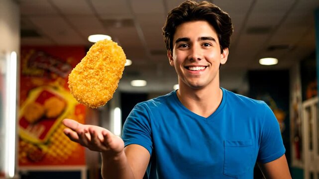 Curious young man in blue shirt levitating a fried chicken nugget in fast food establishment loop video