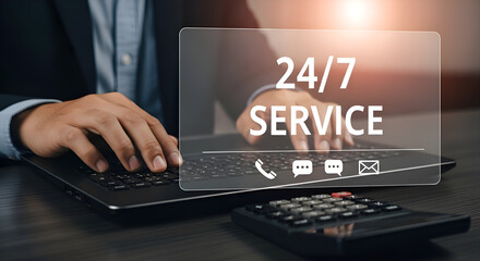 24/7 customer service support available anytime via digital technologyStock photo for website - Business and technology concept photo