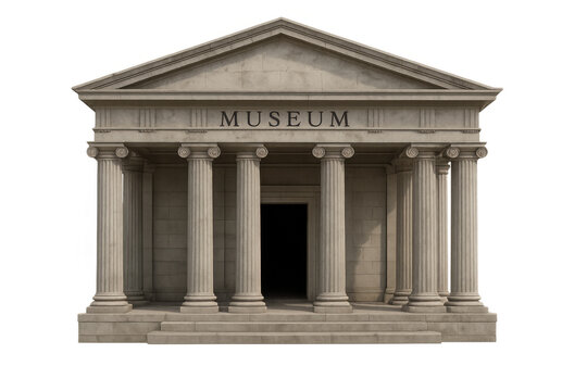 Museum building showcasing classical architecture with stone columns, portico, and pediment, on transparent background