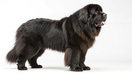 Obraz premium Realistic Newfoundland dog on white studio background, large fluffy black or brown working breed, detailed full body portrait with professional lighting and sharp focus