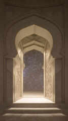 Obraz premium Ornate Moorish archway door with intricate Islamic architectural patterns opening to darkness