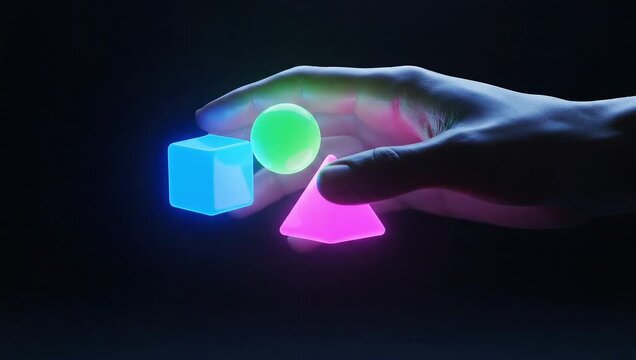 Futuristic Hand Touching Luminous 3D Geometric Shapes in Dark Space