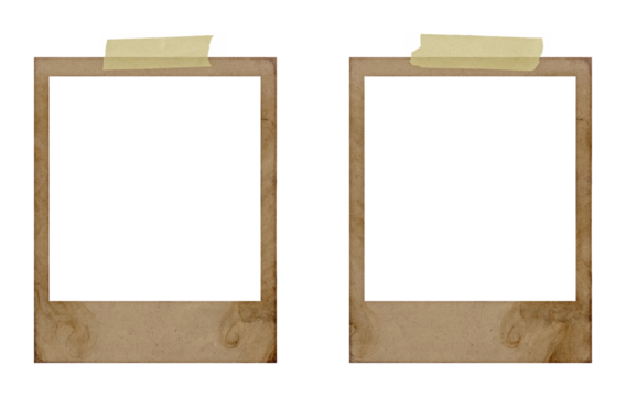 vintage empty photo frames with blank white space taped on top, old brown polaroid style paper borders isolated on transparent background for design, scrapbooking, or photography presentation