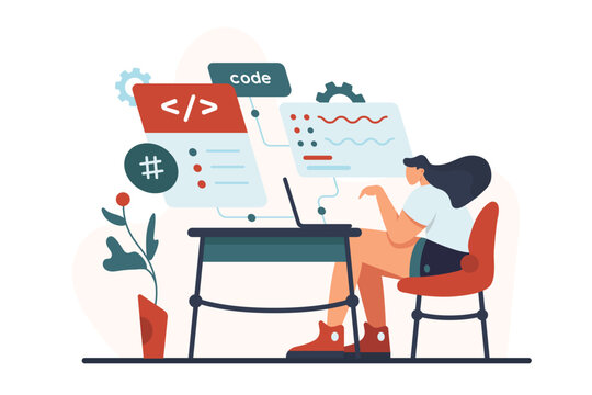 Software, backend development, work process with program code. Woman developing application system, professional female engineer and coder character working with laptop cartoon vector illustration