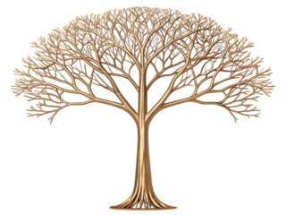 A golden tree with bare branches isolated on transparent background