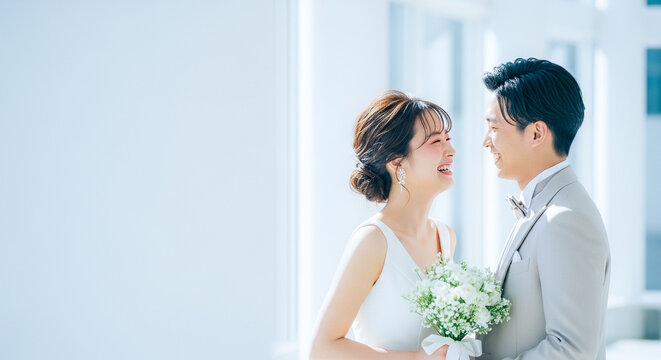 結婚式　ウェディングドレスを着た女性　スーツの男性　ウェディング