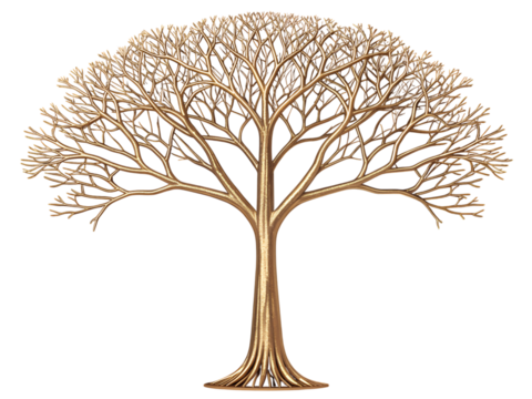 A golden tree with bare branches isolated on transparent background