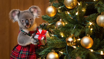 Koala with Gift by Decorated Evergreen A Charming Scene of a Koala Holding a Gift Beside a Decorated Evergreen Tree with Golden Baubles and Warm Lighting